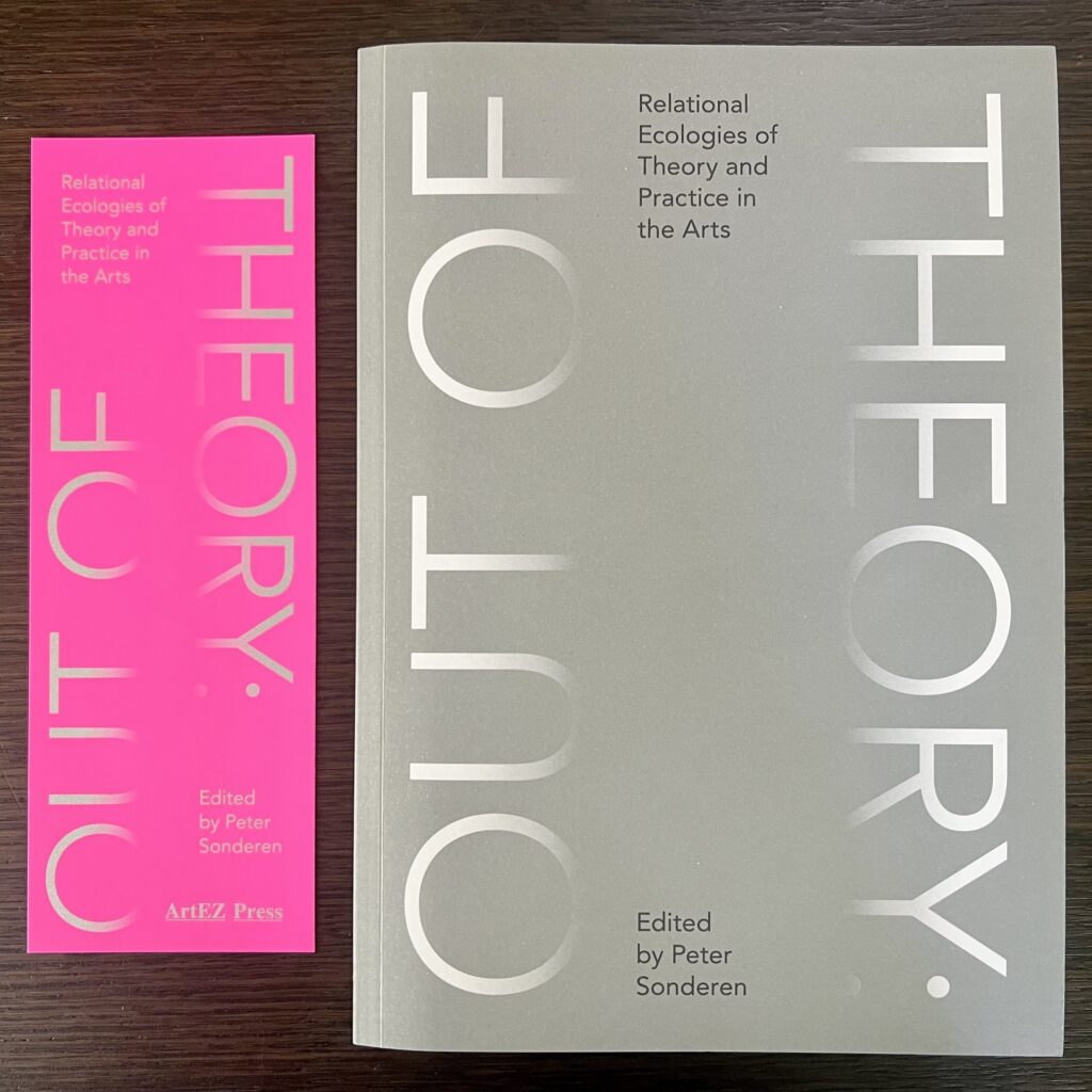 Image of the book 'Out of Theory' edited by Peter Sonderen with a bookmark to the left.